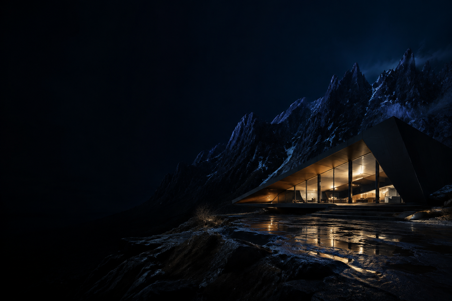 Illuminated modern architecture against a dark mountain landscape